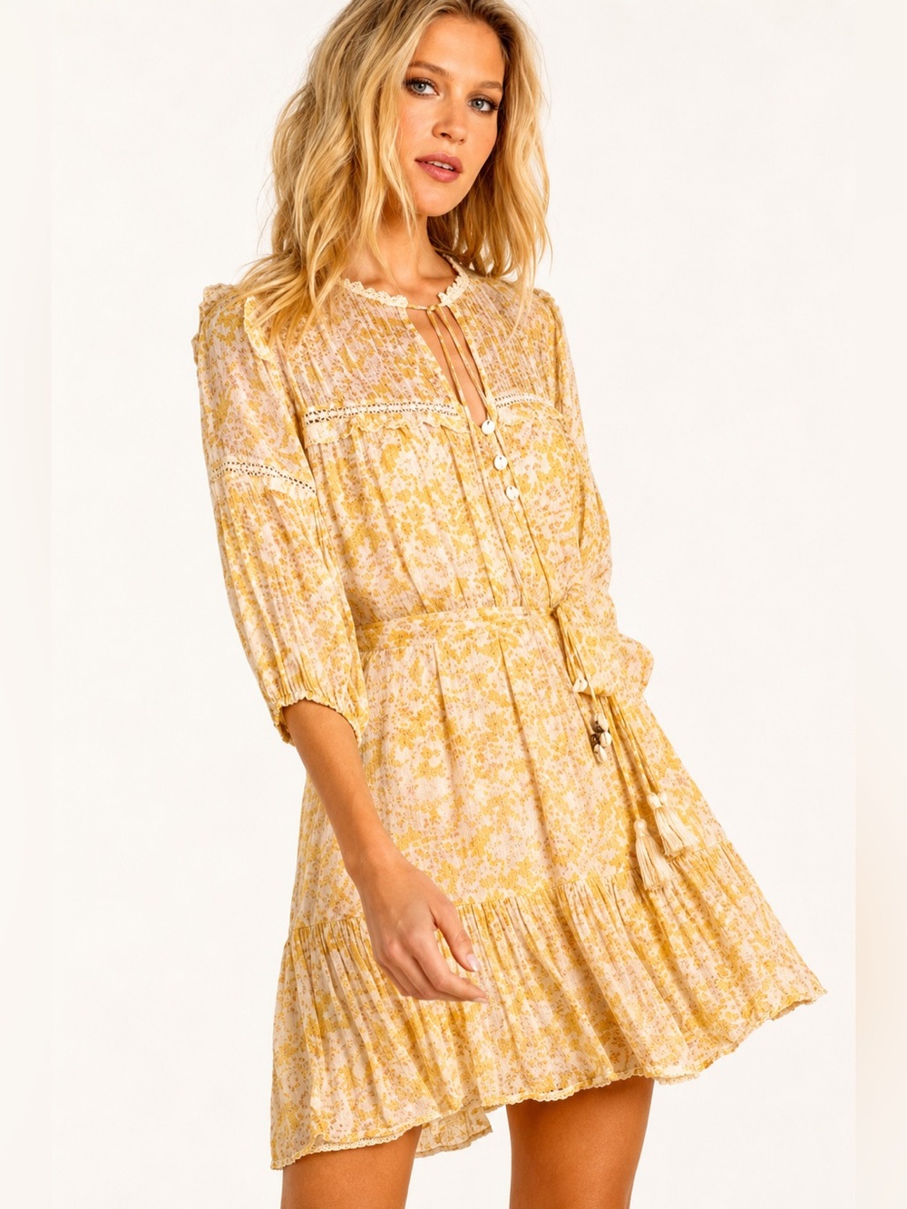 Kivari Juliette Floral Mini Dress M Yellow Boho Lace Trim Rayon Playdress